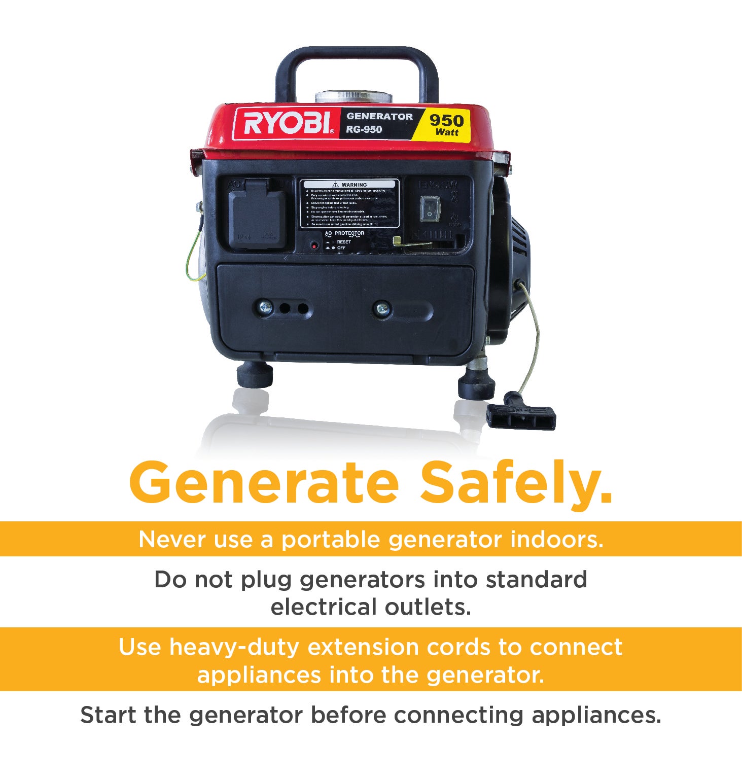 generate safetly. Never use a portable generator indoors. Do not plug generators into standard electrical outlets. Use heavy-duty extension cords to connect appliances into the generator. Start the generator before connecting appliances.